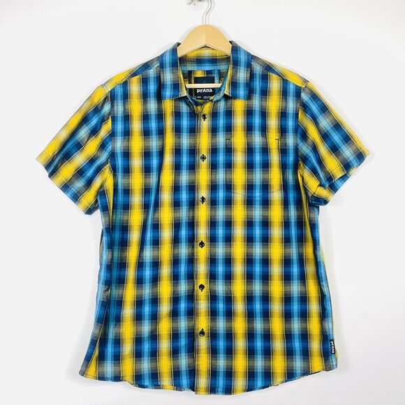 Prana Active Blue Gold Plaid Short Sleeve Button Front Top Shirt Mens Medium - Picture 1 of 7